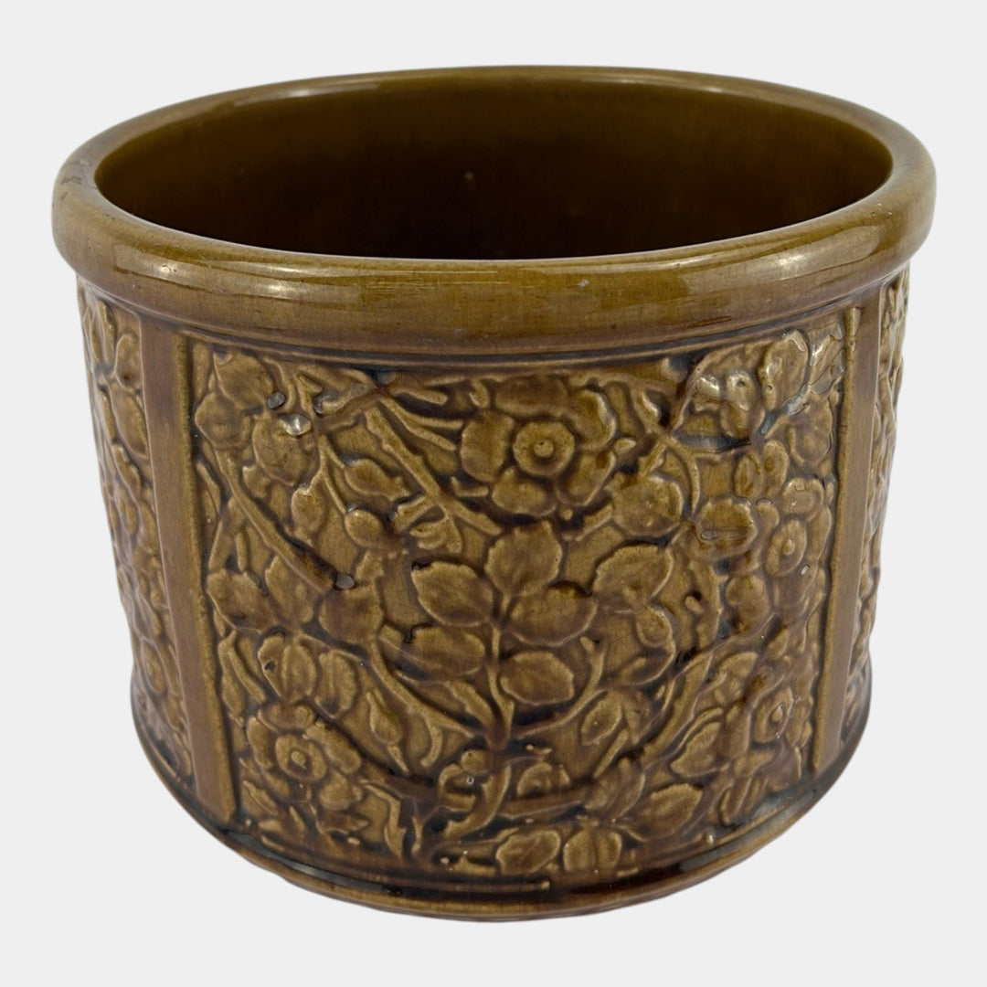 Weller Art Pottery Brown Majolica Floral Decorated Panel Jardiniere Planter - Just Art Pottery