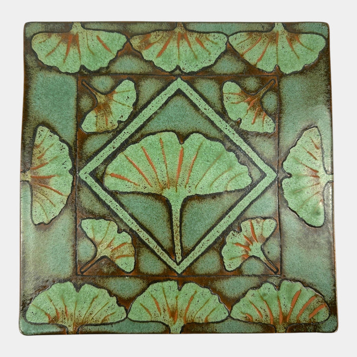 Tzadi Turrou Arts & Crafts Style Green Gingko Leaf Decorated Art Pottery Tile - Just Art Pottery