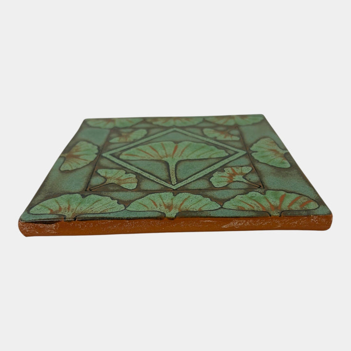 Tzadi Turrou Arts & Crafts Style Green Gingko Leaf Decorated Art Pottery Tile - Just Art Pottery