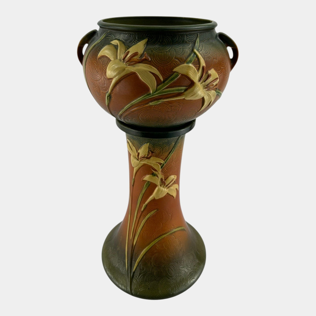 Roseville Zephyr Lily Brown 1946 Art Pottery Ceramic Jardiniere Pedestal 671-8 - Just Art Pottery