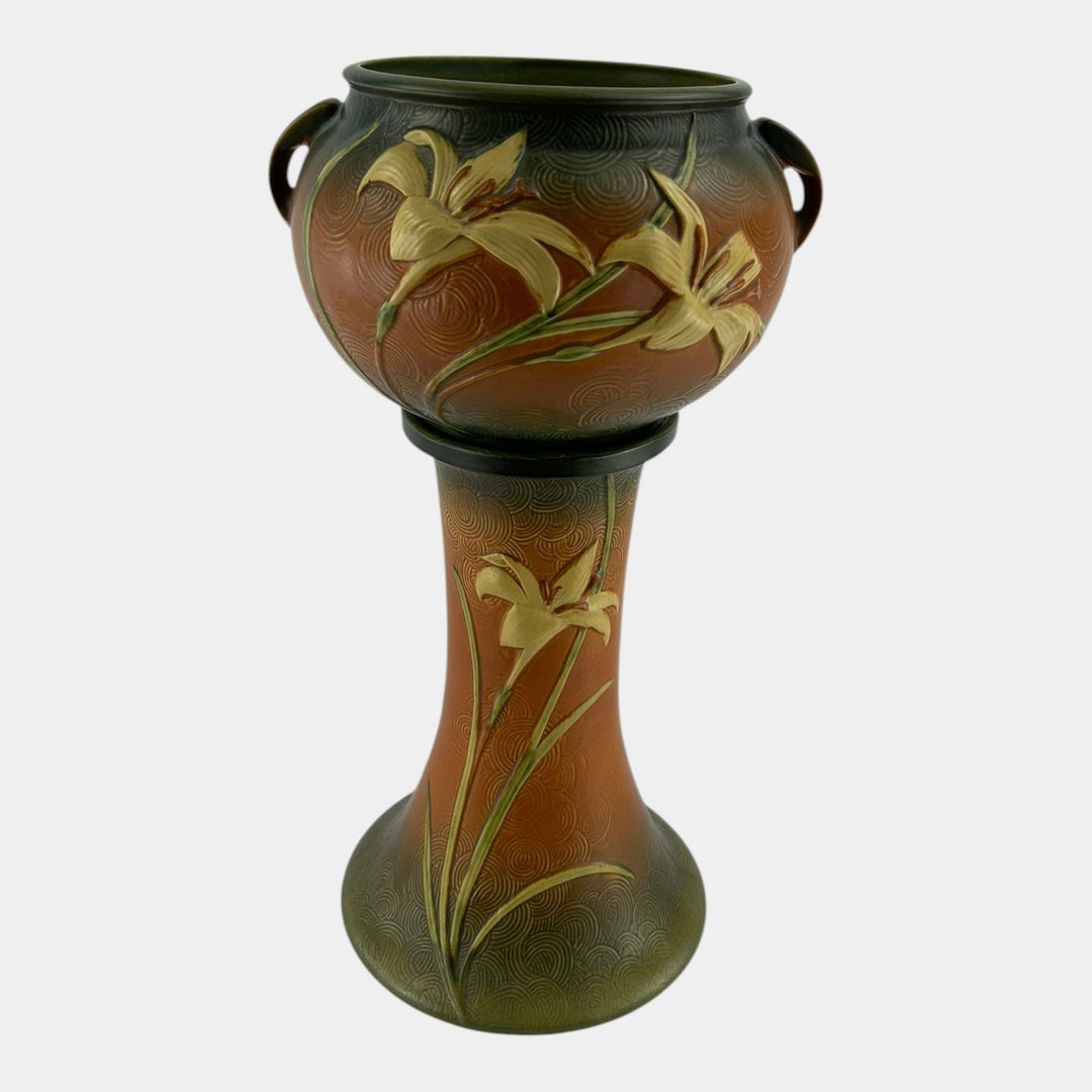 Roseville Zephyr Lily Brown 1946 Art Pottery Ceramic Jardiniere Pedestal 671-8 - Just Art Pottery