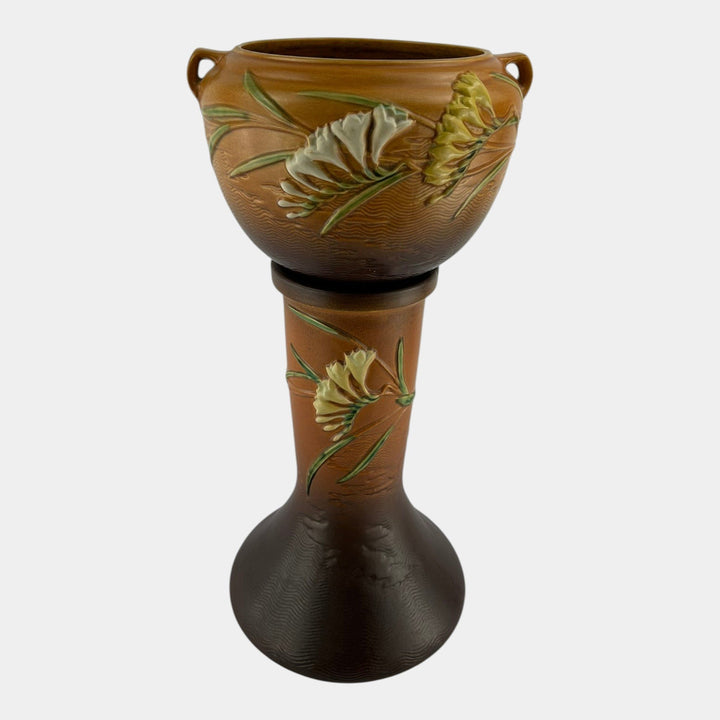 Roseville Freesia 1945 Vintage Art Pottery Brown Jardiniere And Pedestal 669-8 - Just Art Pottery