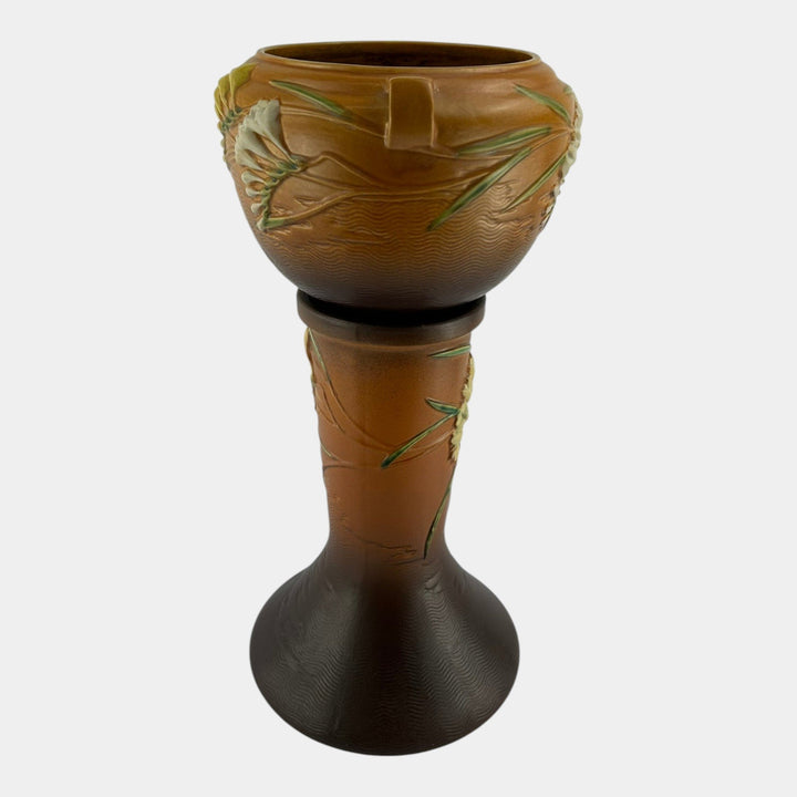 Roseville Freesia 1945 Vintage Art Pottery Brown Jardiniere And Pedestal 669-8 - Just Art Pottery