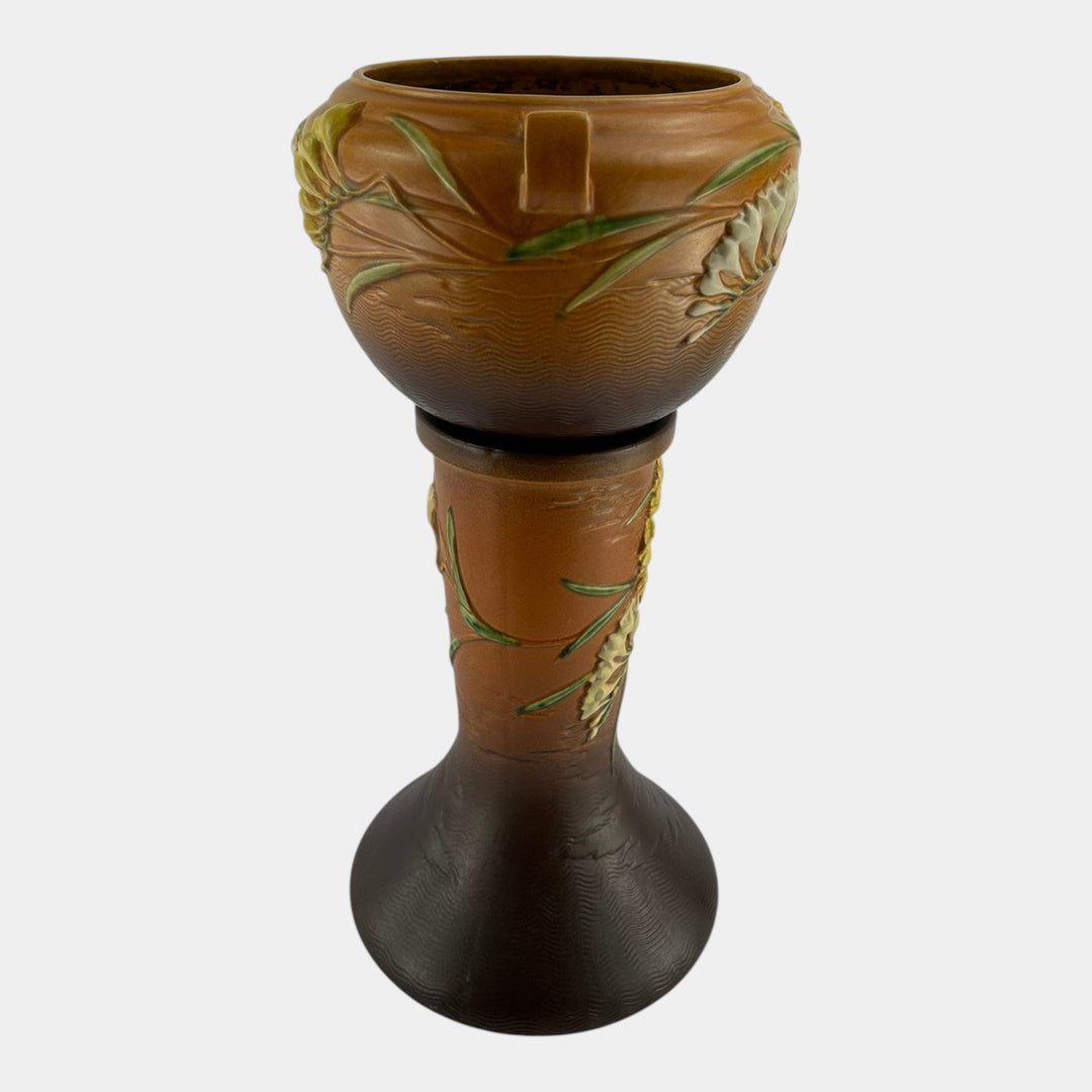 Roseville Freesia 1945 Vintage Art Pottery Brown Jardiniere And Pedestal 669-8 - Just Art Pottery