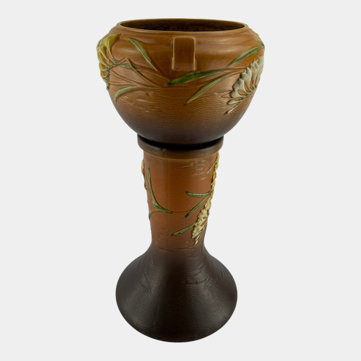 Roseville Freesia 1945 Vintage Art Pottery Brown Jardiniere And Pedestal 669-8 - Just Art Pottery