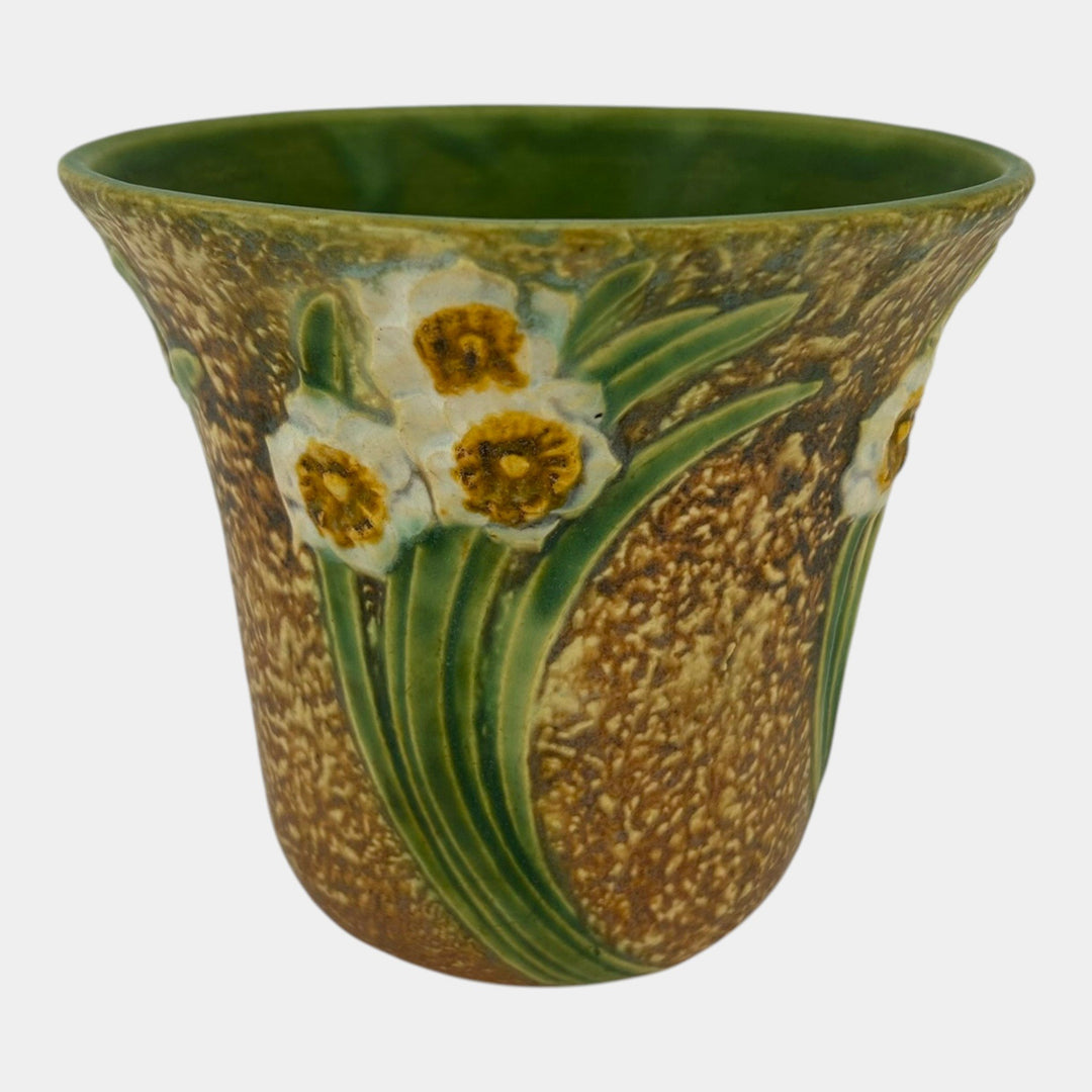 Roseville Jonquil 1931 Arts And Crafts Pottery Brown Crocus Pot Flower Frog 94-5 - Just Art Pottery