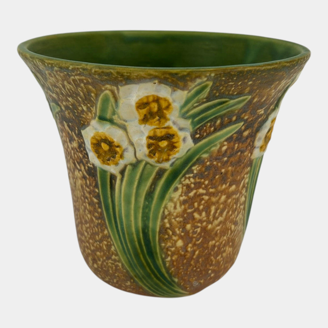 Roseville Jonquil 1931 Arts And Crafts Pottery Brown Crocus Pot Flower Frog 94-5 - Just Art Pottery