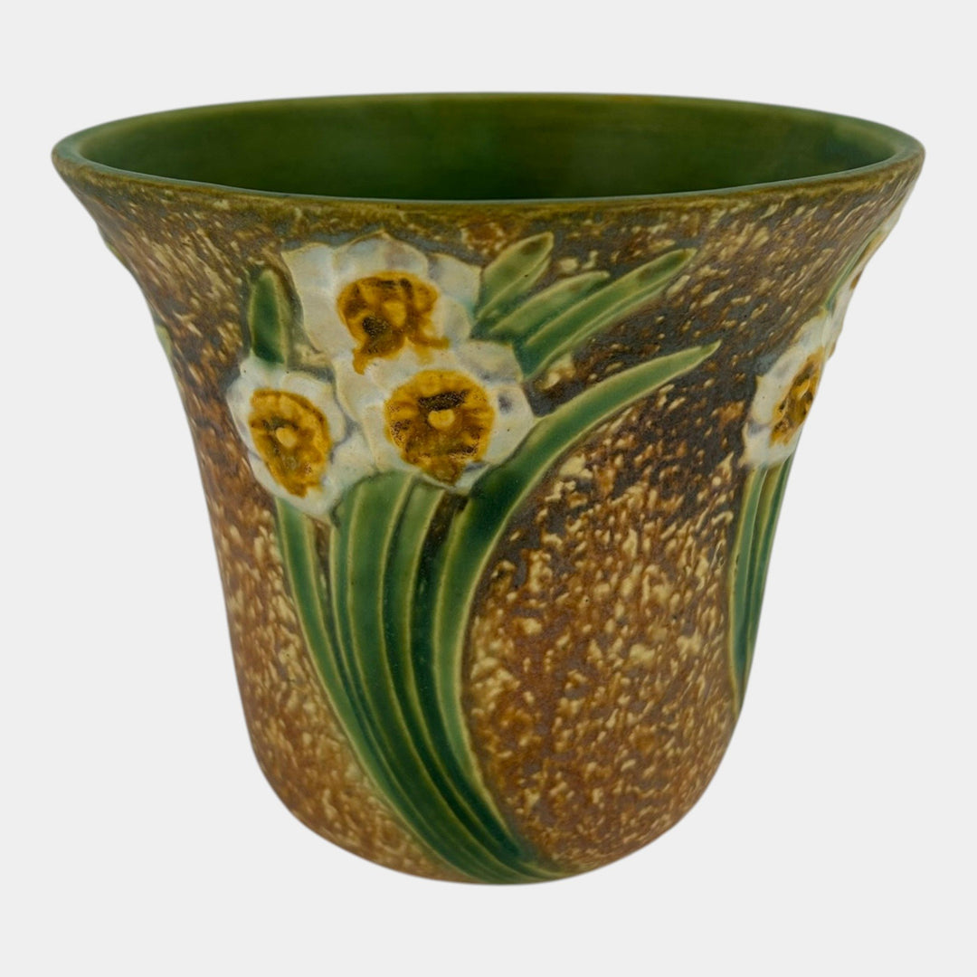 Roseville Jonquil 1931 Arts And Crafts Pottery Brown Crocus Pot Flower Frog 94-5 - Just Art Pottery