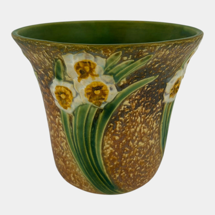 Roseville Jonquil 1931 Arts And Crafts Pottery Brown Crocus Pot Flower Frog 94-5 - Just Art Pottery