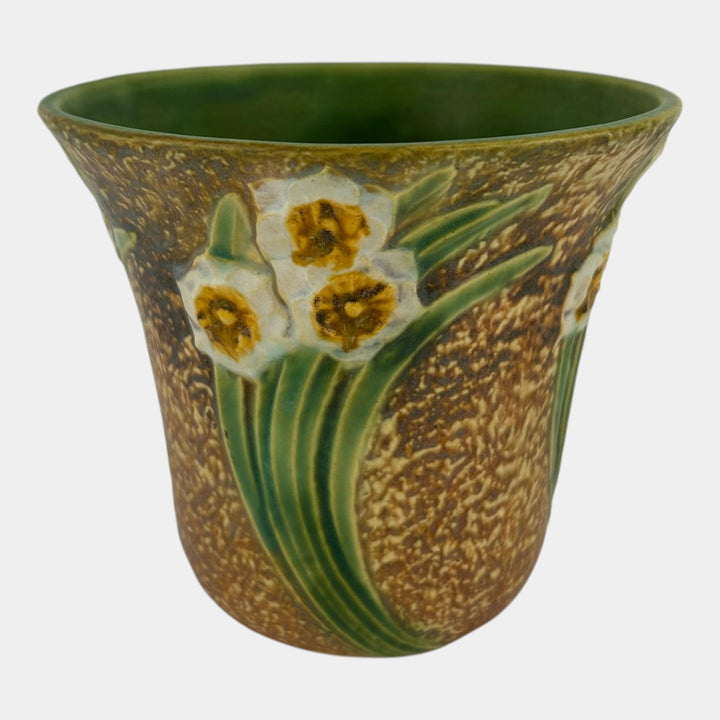 Roseville Jonquil 1931 Arts And Crafts Pottery Brown Crocus Pot Flower Frog 94-5 - Just Art Pottery