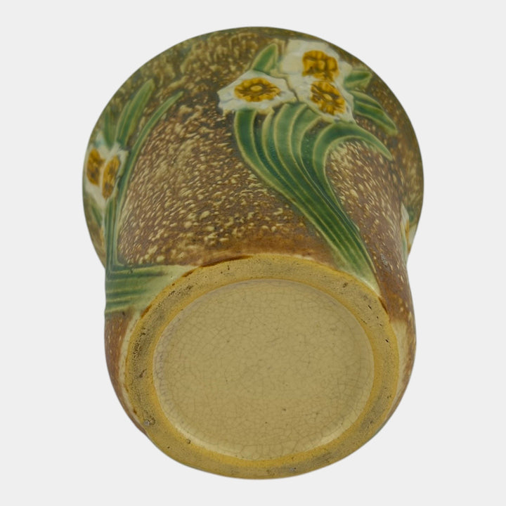Roseville Jonquil 1931 Arts And Crafts Pottery Brown Crocus Pot Flower Frog 94-5 - Just Art Pottery