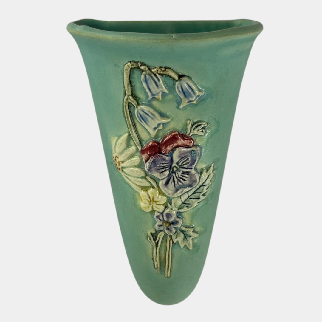 Weller Blossom 1930s Vintage Art Pottery Floral Matte Green Ceramic Wall Pocket - Just Art Pottery