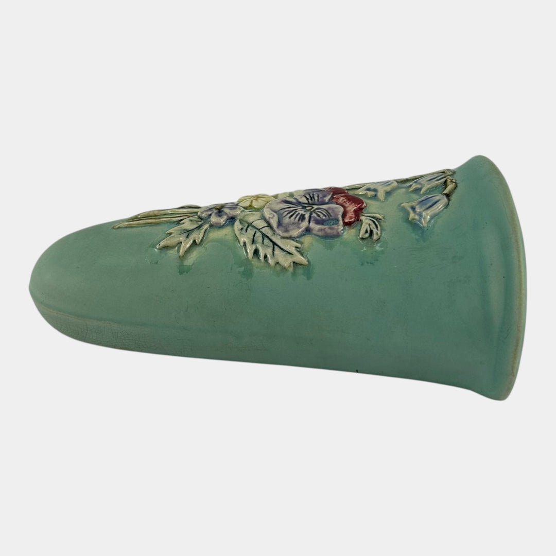 Weller Blossom 1930s Vintage Art Pottery Floral Matte Green Ceramic Wall Pocket - Just Art Pottery