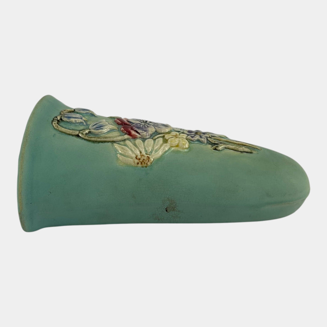 Weller Blossom 1930s Vintage Art Pottery Floral Matte Green Ceramic Wall Pocket - Just Art Pottery