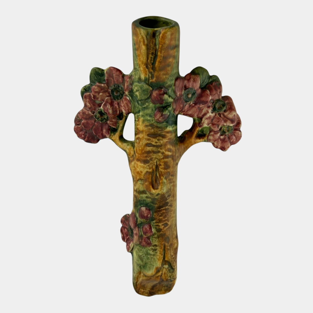 Weller Woodcraft 1920s Vintage Pottery Brown Pink Floral Ceramic Wall Pocket - Just Art Pottery