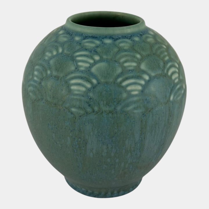 Rookwood 1938 Vintage Art Deco Pottery Green Geometric Fan Shoulder Vase 6653 - Just Art Pottery