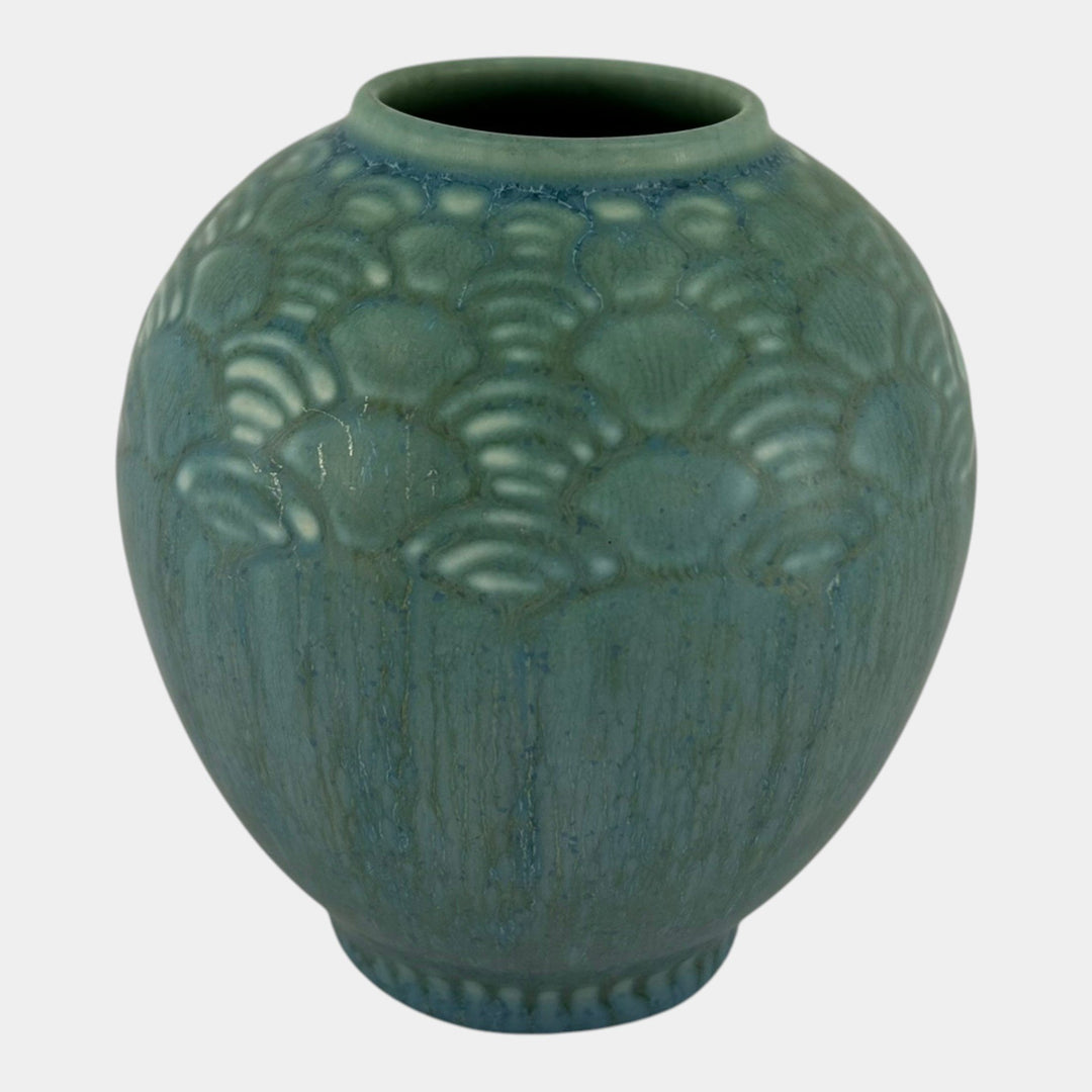 Rookwood 1938 Vintage Art Deco Pottery Green Geometric Fan Shoulder Vase 6653 - Just Art Pottery