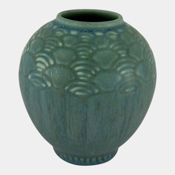 Rookwood 1938 Vintage Art Deco Pottery Green Geometric Fan Shoulder Vase 6653 - Just Art Pottery