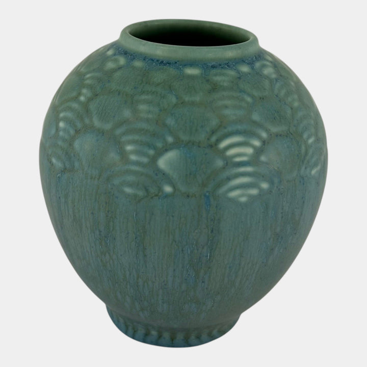 Rookwood 1938 Vintage Art Deco Pottery Green Geometric Fan Shoulder Vase 6653 - Just Art Pottery