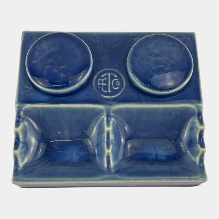 American Encaustic Tile Co AETCO Art Pottery Blue Advertising Ceramic Inkwell - Just Art Pottery