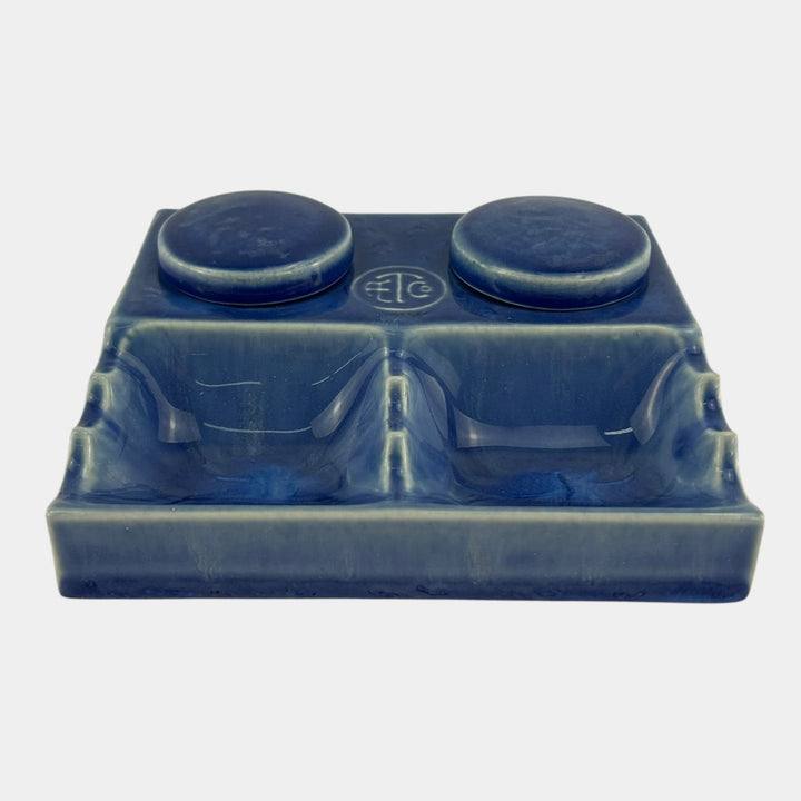 American Encaustic Tile Co AETCO Art Pottery Blue Advertising Ceramic Inkwell - Just Art Pottery