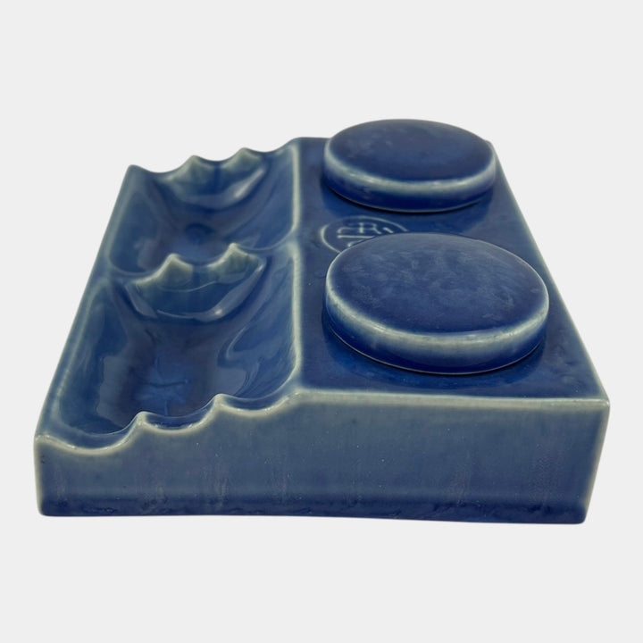 American Encaustic Tile Co AETCO Art Pottery Blue Advertising Ceramic Inkwell - Just Art Pottery