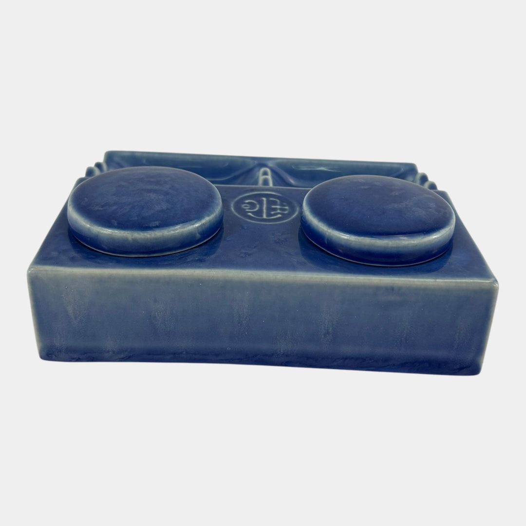 American Encaustic Tile Co AETCO Art Pottery Blue Advertising Ceramic Inkwell - Just Art Pottery
