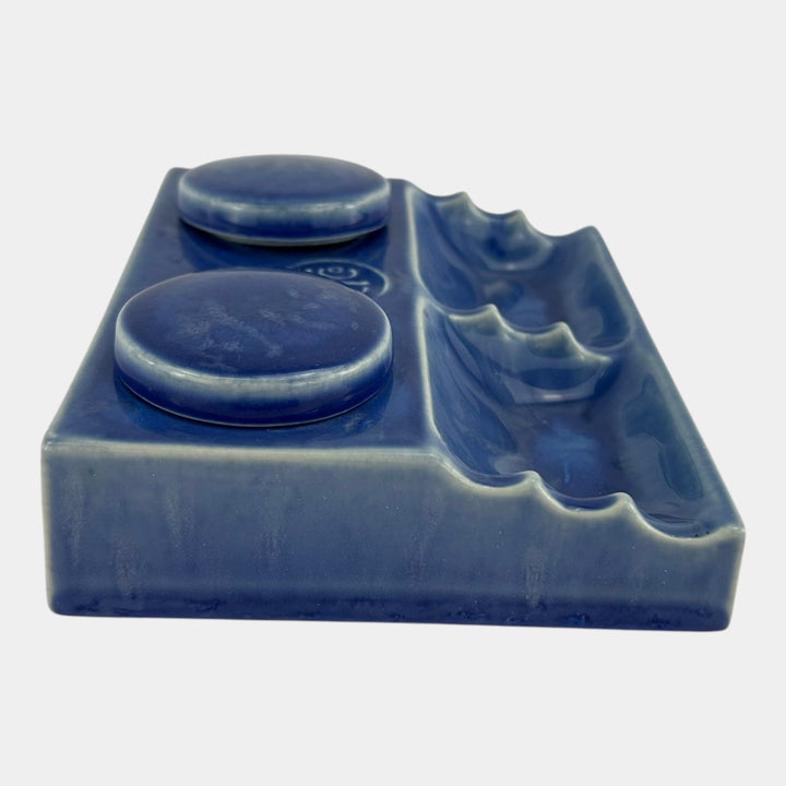 American Encaustic Tile Co AETCO Art Pottery Blue Advertising Ceramic Inkwell - Just Art Pottery