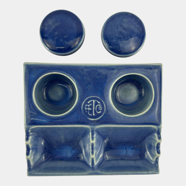 American Encaustic Tile Co AETCO Art Pottery Blue Advertising Ceramic Inkwell - Just Art Pottery