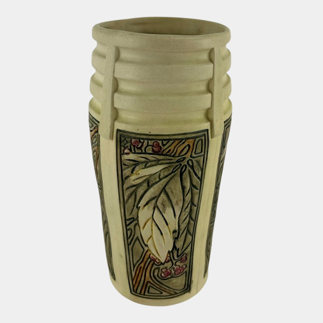 Weller Roma Atlantic 1910-20s Vintage Art Pottery Leaves And Berries Ivory Vase - Just Art Pottery