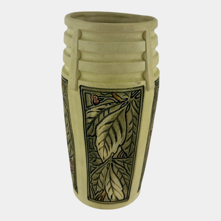 Weller Roma Atlantic 1910-20s Vintage Art Pottery Leaves And Berries Ivory Vase - Just Art Pottery