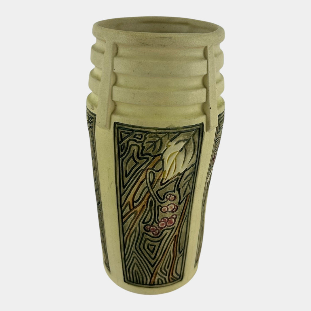 Weller Roma Atlantic 1910-20s Vintage Art Pottery Leaves And Berries Ivory Vase - Just Art Pottery