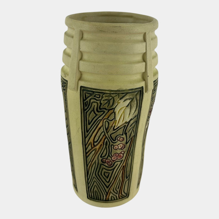 Weller Roma Atlantic 1910-20s Vintage Art Pottery Leaves And Berries Ivory Vase - Just Art Pottery