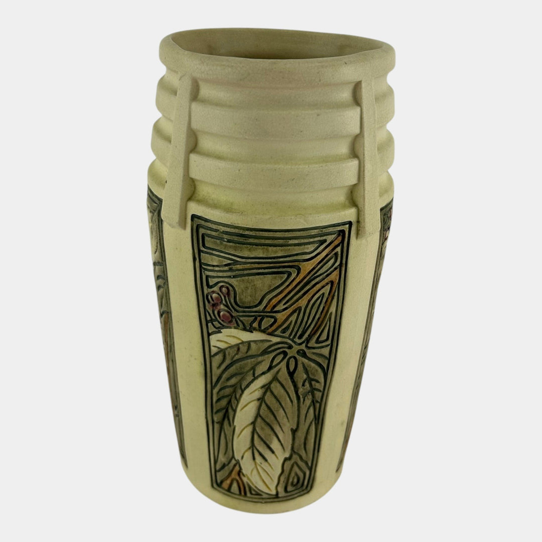 Weller Roma Atlantic 1910-20s Vintage Art Pottery Leaves And Berries Ivory Vase - Just Art Pottery