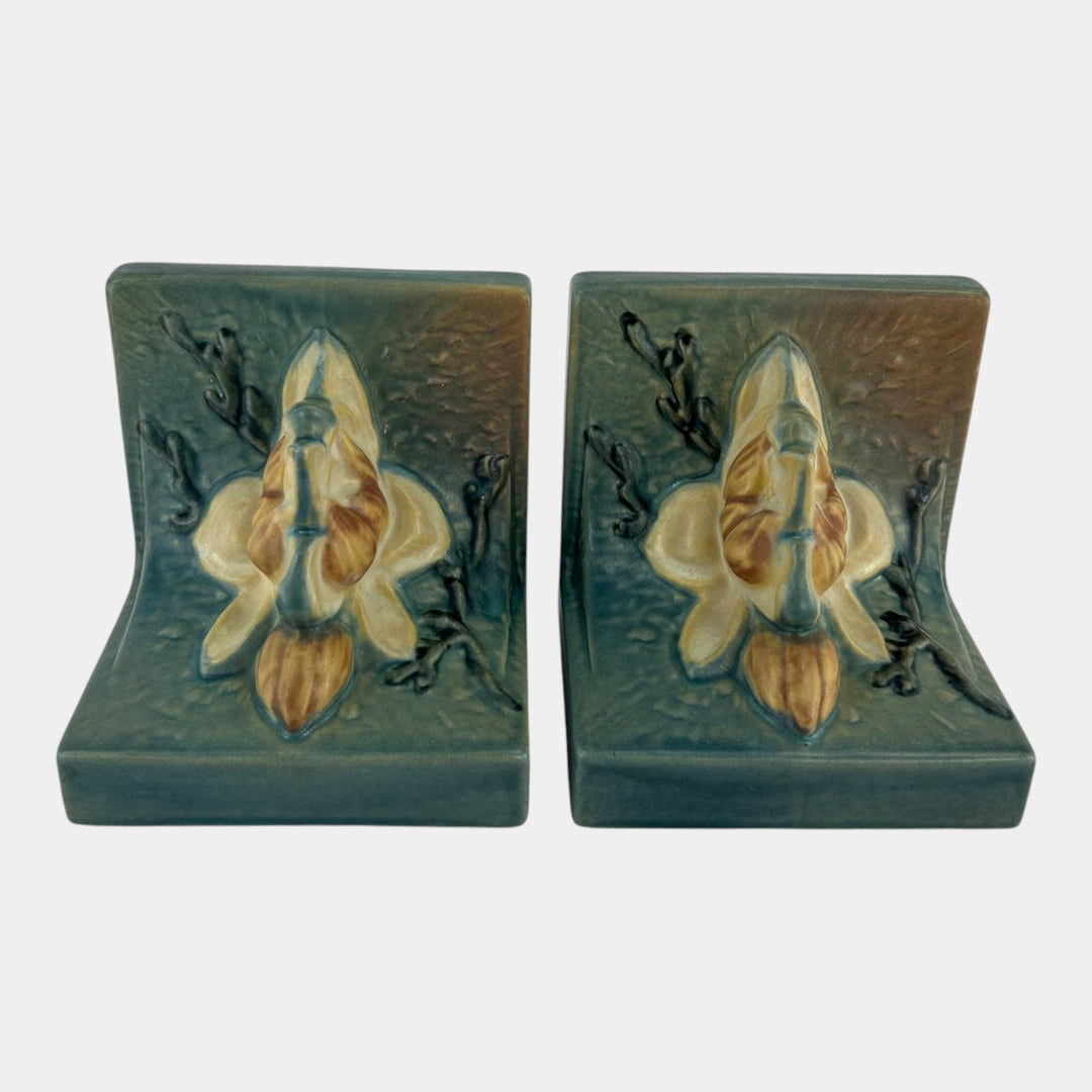 Roseville Magnolia Blue 1928 Vintage Art Pottery Ceramic Bookends 13 - Just Art Pottery