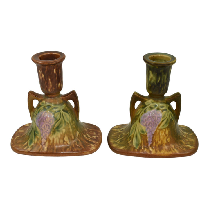 Roseville Wisteria Tan 1933 Arts And Crafts Pottery Candle Holders 1091-4 - Just Art Pottery