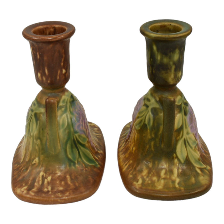 Roseville Wisteria Tan 1933 Arts And Crafts Pottery Candle Holders 1091-4 - Just Art Pottery