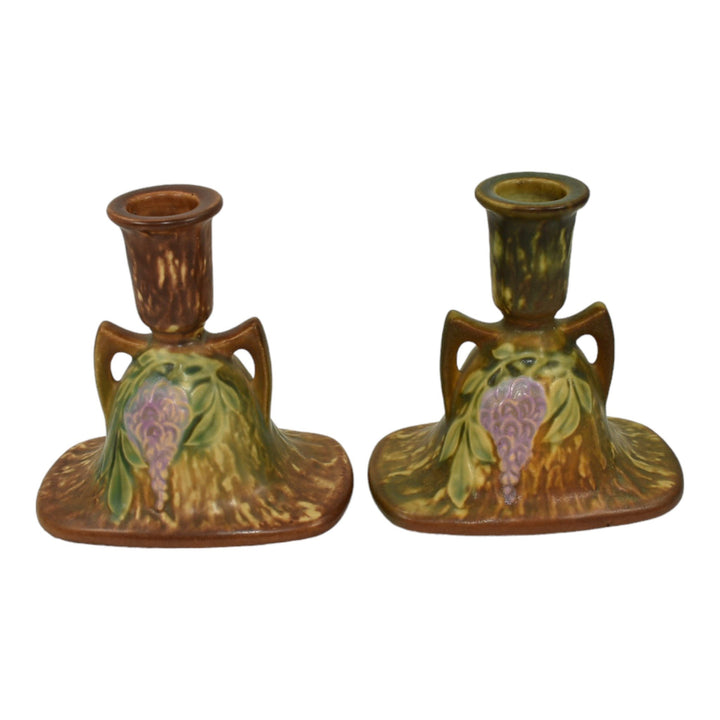 Roseville Wisteria Tan 1933 Arts And Crafts Pottery Candle Holders 1091-4 - Just Art Pottery