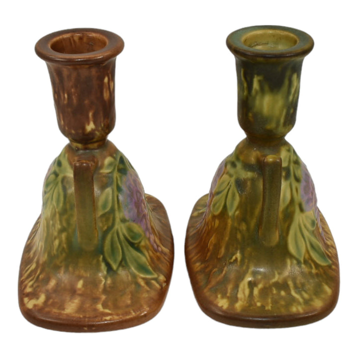 Roseville Wisteria Tan 1933 Arts And Crafts Pottery Candle Holders 1091-4 - Just Art Pottery