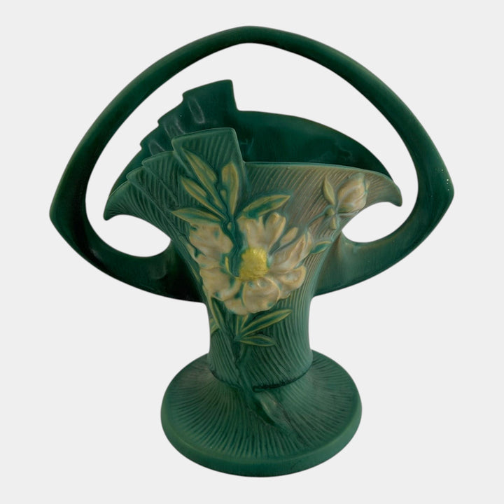 Roseville Peony Green 1942 Mid Century Modern Pottery Ceramic Basket 378-10
