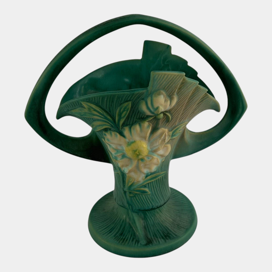 Roseville Peony Green 1942 Mid Century Modern Pottery Ceramic Basket 378-10