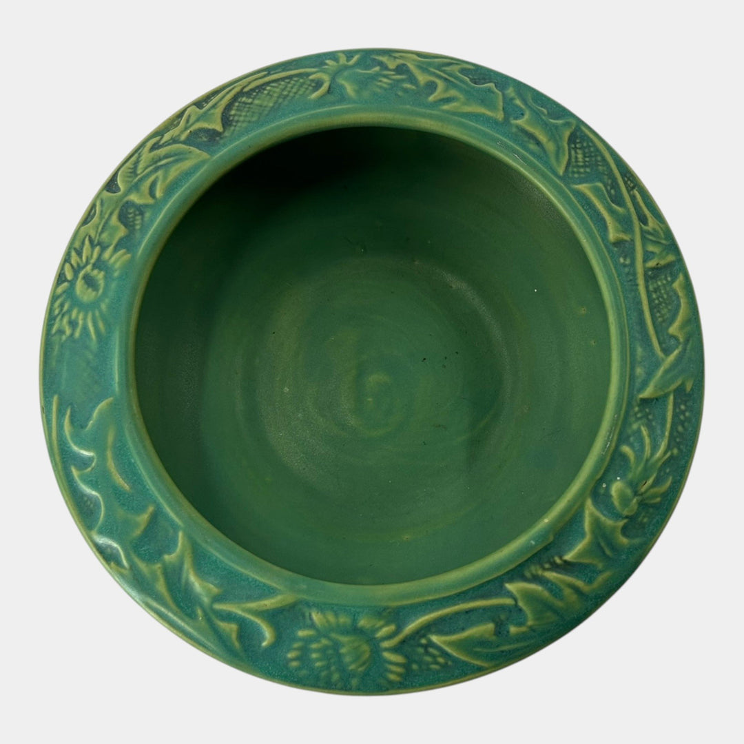 Peters and Reed Thistle 1920s Arts And Crafts Green Textured Pottery Bowl