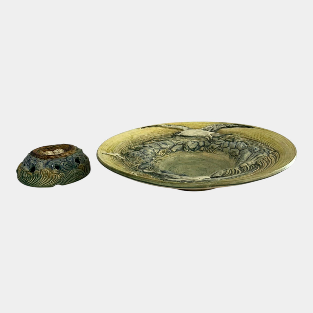 Weller Pottery 1920s Glendale Sea Gulls Console Bowl Nest With Eggs Flower Frog
