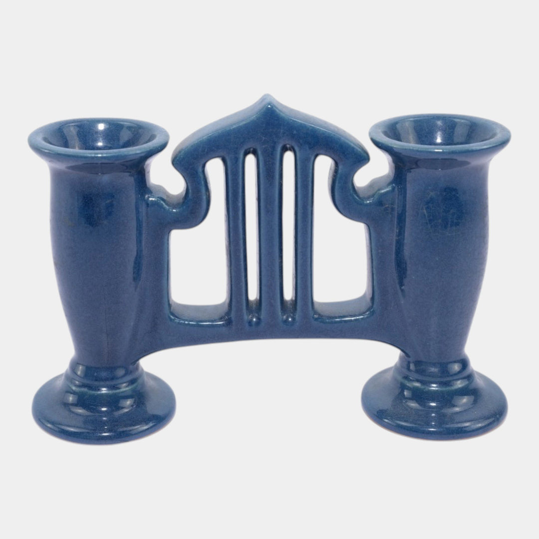 Roseville Rosecraft Blue 1920 Vintage Art Pottery Ceramic Double Bud Vase 46-5 - Just Art Pottery