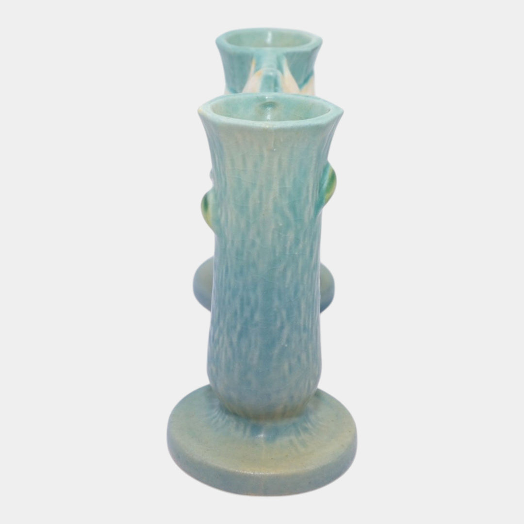 Roseville Clematis Blue 1944 Vintage Art Pottery Ceramic Double Bud Vase 194-5 - Just Art Pottery
