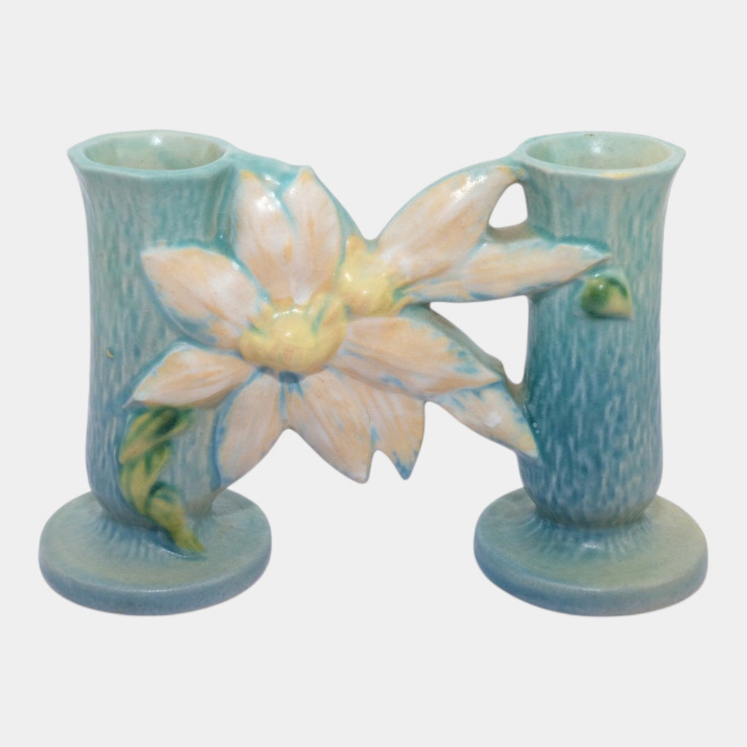 Roseville Clematis Blue 1944 Vintage Art Pottery Ceramic Double Bud Vase 194-5 - Just Art Pottery