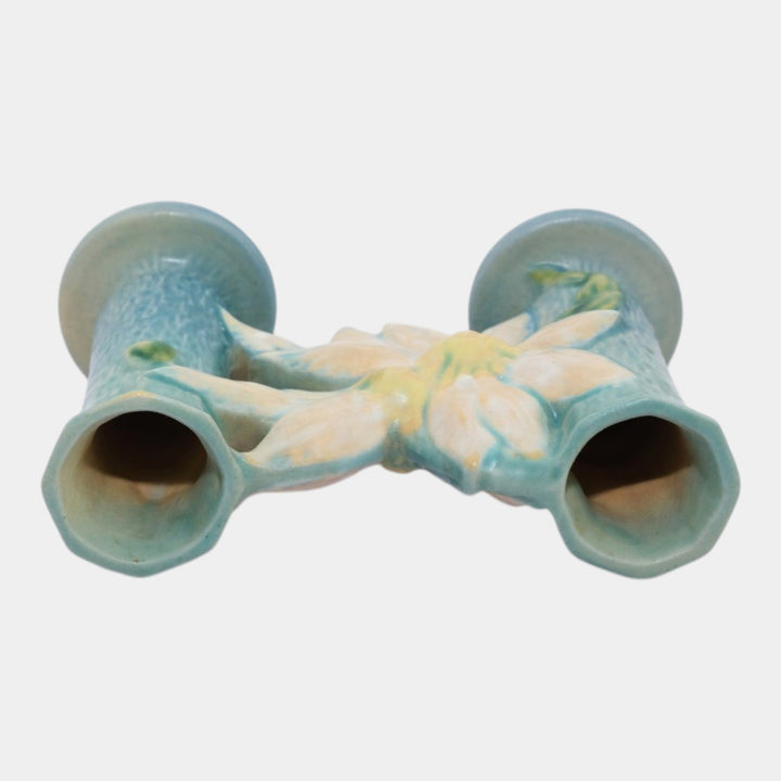 Roseville Clematis Blue 1944 Vintage Art Pottery Ceramic Double Bud Vase 194-5 - Just Art Pottery
