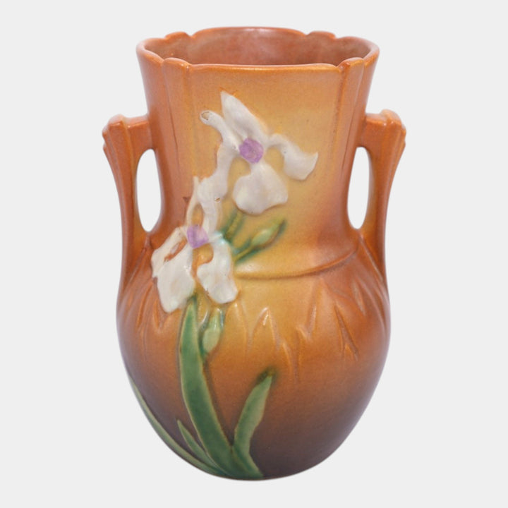 Roseville Iris Brown 1939 Vintage Art Deco Pottery Floral Ceramic Vase 917-6 - Just Art Pottery