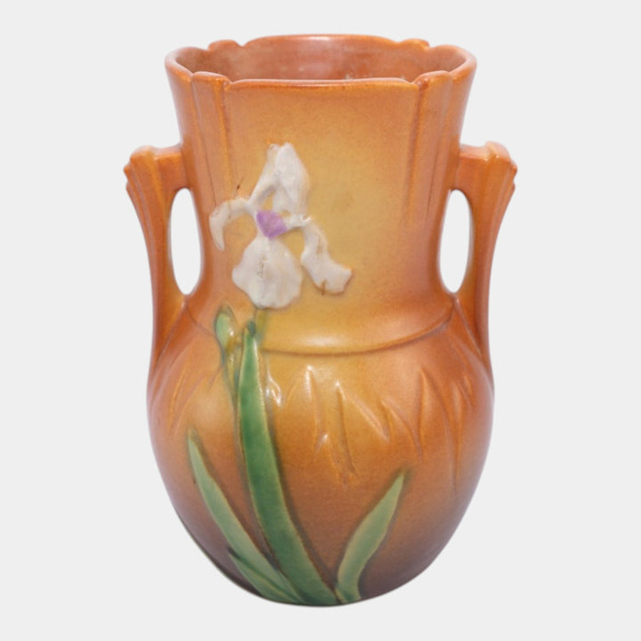 Roseville Iris Brown 1939 Vintage Art Deco Pottery Floral Ceramic Vase 917-6 - Just Art Pottery