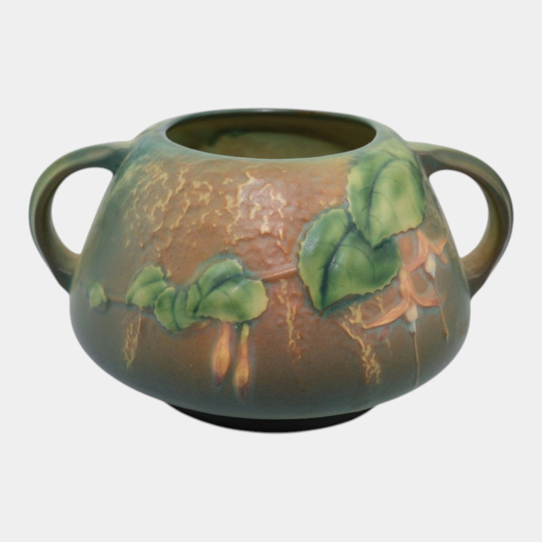 Roseville Fuchsia Green 1938 Vintage Art Pottery Handled Ceramic Bowl Vase 346-4 - Just Art Pottery